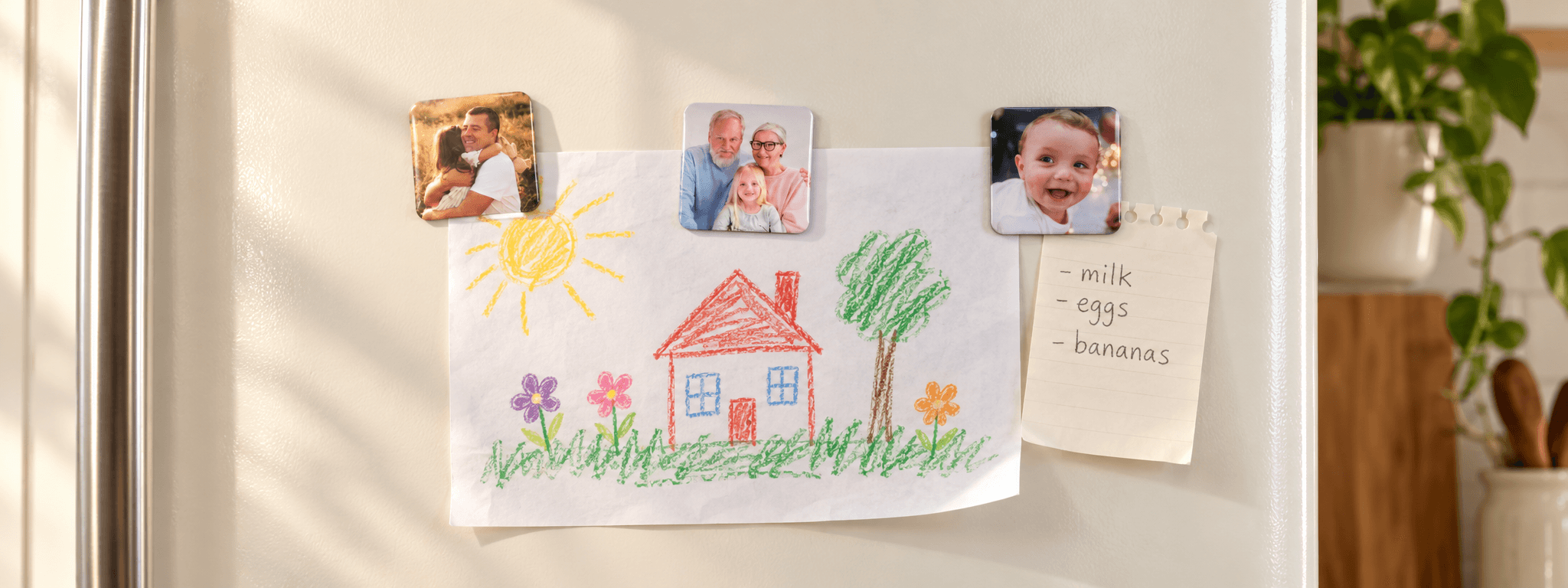 Photo magnets holding a handwritten note on a fridge door