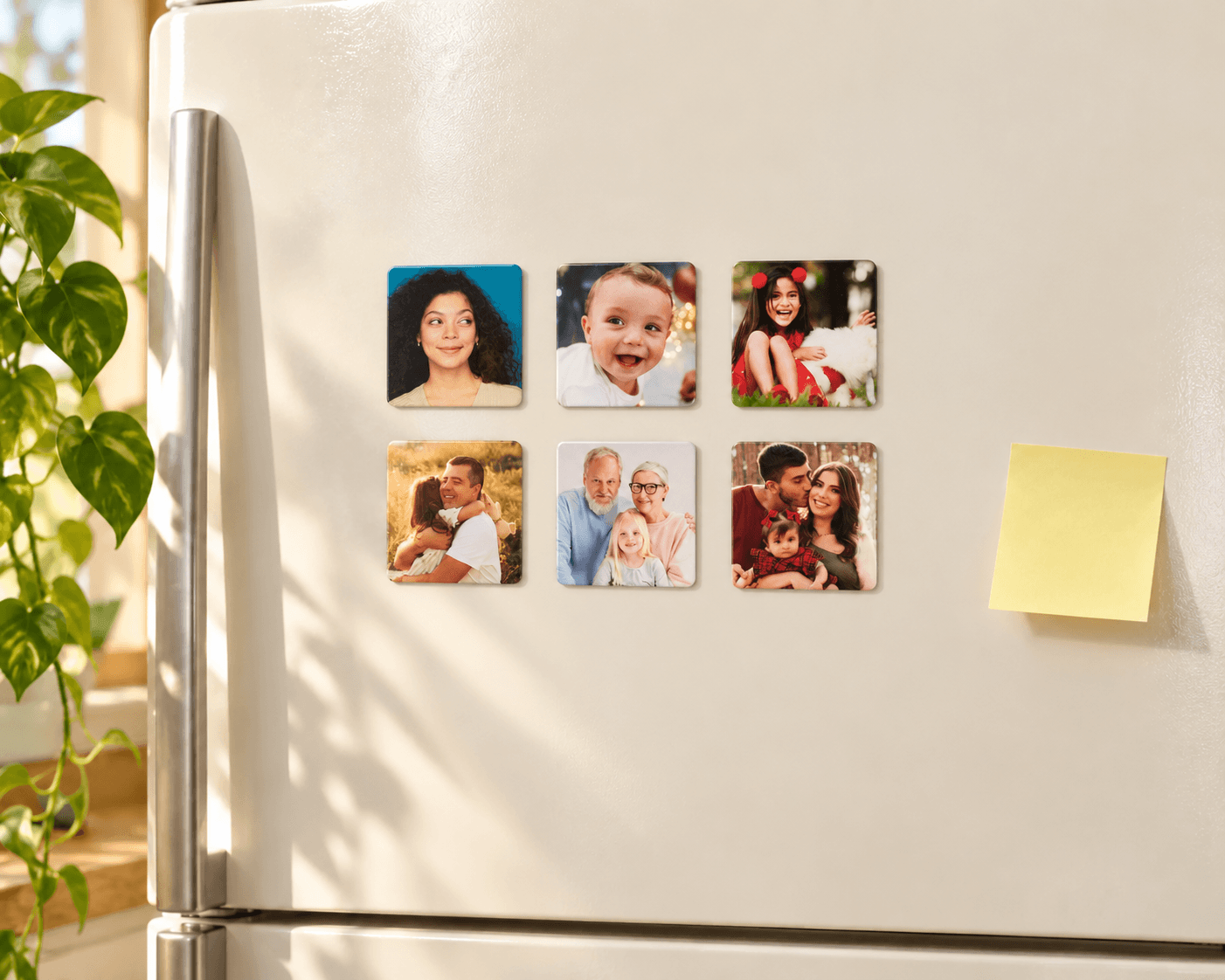 A fridge door covered in Best Keeps photo magnets